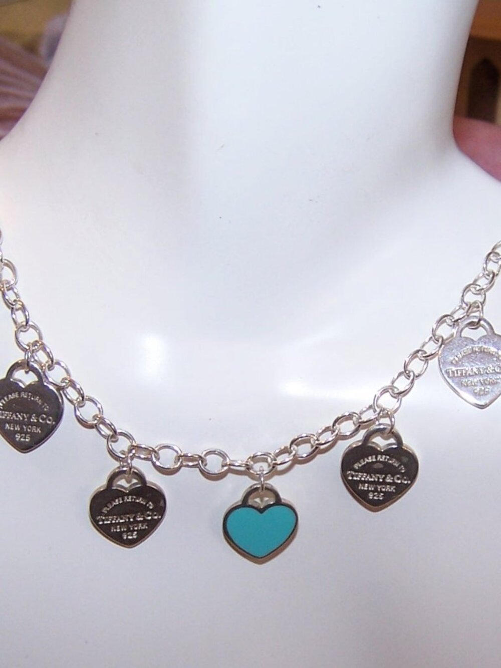 TIFFANY & CO Sterling Silver Enamel 18" Chain - 7 "Please Return" Mini Hearts